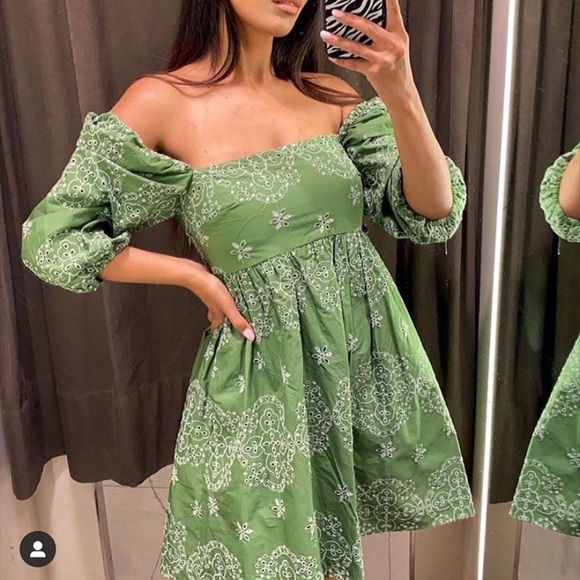ZARA NWT Green Floral Embroidered Cutout Bardot Dress Puff Sleeves - Picture 2 of 12